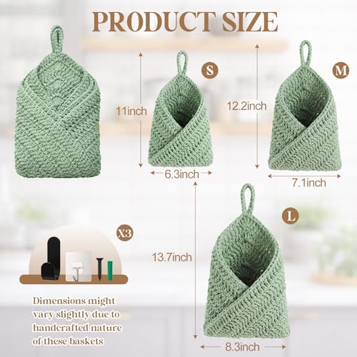 Honeydak Boho Decor Hanging Wall Baskets for Kitchen 3 Pack Teardrop Baskets with Hooks Storage Fruit Onion Vegetable Potato for Home 3 Sizes(Sage Green,Triangle,Cotton Rope) - color: Sage Green, size: Cotton Rope, style: Triangle