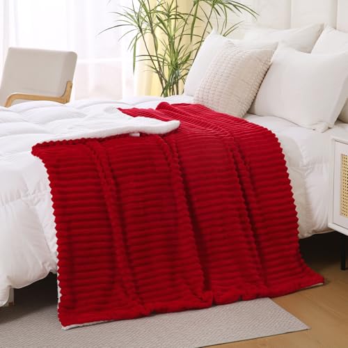 Red Sherpa Fleece Throw Blanket 50”×60” for Couch Sofa Bed,Double Side Soft Fuzzy Cozy Plush Thick Flannel Blanket with Striped Design Gift for Adults,Woman,Girls - color: Red, size: 50×60inch