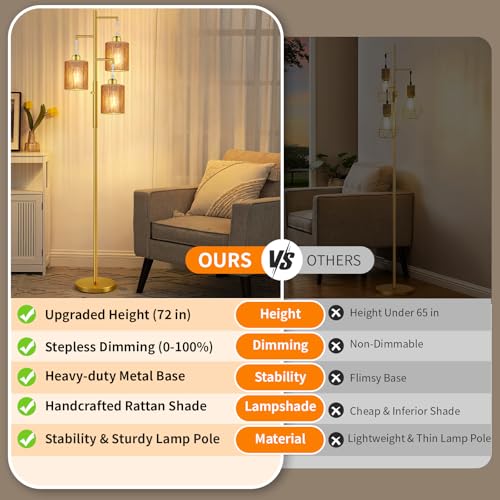Hotsonic 72" Tall Boho Rattan Style Floor Lamp with Hand-Woven Paper Cord Shade, Dimmable Industrial Tree Standing Lamp for Living Room, Bedroom, Study Room, Office (3 x 800LM Bulbs Included) - Gold - color: Gold+Light Brown