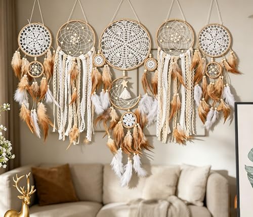 Set of 5 Boho Large Moon Dream Catcher Wall Hanging, Camel | Vintage Wedding Decor, Home Decorations, Wall Decor - color: Camel