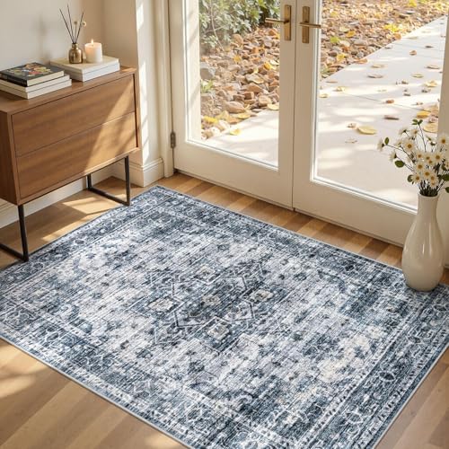 Washable Area Rugs 3x5, Soft Large 3x5 Rugs for Living Room Non-Slip Vintage Navy Blue Indoor Carpet Stain Resistant Rugs for Dining Room Bedroom Nursery Kid & Pet Friendly - color: Navy Blue, size: 3' x 5' (Rectangular)