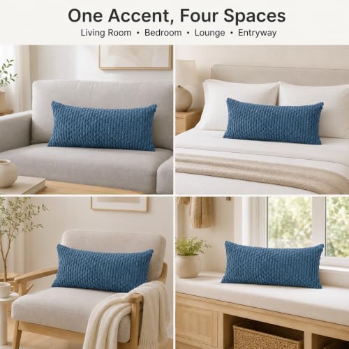 JoraLion 12x24 Boho Decorative Lumbar Throw Pillow Cover, Blue Cozy Soft Striped Corduroy Long Rectangle Cushion Case Accent Home Decor for Sofa Bed Room Livingroom, ONLY Cover - color: Blue, size: 24" x 12" (Pack of 1)