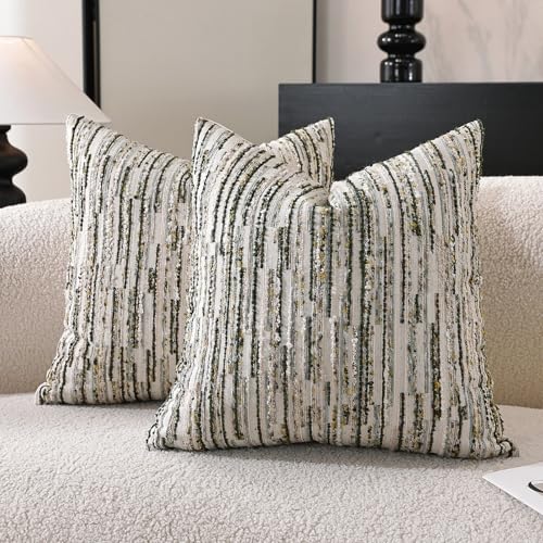 Striped Throw Pillow Covers 20x20 Set of 2 Green Textured Boucle Chic Morden Boho Accent Farmhouse Decorative Chenille Pillow Covers for Home Decor Bed Sofa Living Room - color: Green, size: 20" x 20" (Pack of 2)