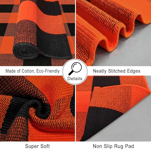 Buffalo Plaid Rug Small Checkered Rug 2x3 Orange and Black Front Door Mat, Christmas Halloween Thanksgiving Washable Fall Doormat Cotton Outdoor Rug for Front Porch Entryway Patio Bathroom - color: Black and Orange, size: 2‘×3’
