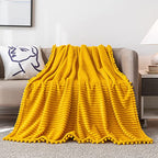 DISSA Fleece Blanket Throw Size – 51x63, Yellow Soft, Plush, Fluffy, Fuzzy, Warm, Cozy Perfect for Couch, Bed, Sofa - with Pompom Fringe Flannel - color: Yellow, size: 51x63"
