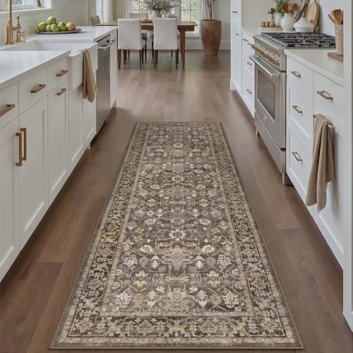 2x6 Brown Washable Vintage Runner Rug for Living Room Soft Floral Non Slip Runner Area Rug Modern Low Pile Stain Resistance Carpet Doormat Hallway Kitchen Stair Bedroom Bathroom - color: Neutral | Brown, size: 2'x6'