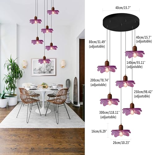 Purple Flower Glass Pendant Light 6-Light Cluster Chandelier Adjustable Hanging Ceiling Light Modern Pendant Lamp for Entryway Dining Room Living Room Foyer - color: Purple, 6 Lights
