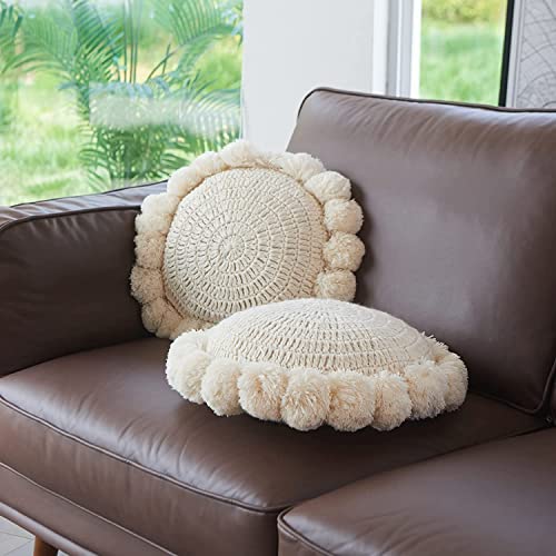 Boho Round Throw Pillow with Cute Handmade Pom Poms Tassels 18 Inch, Decorative Circular Knitted Crochet Cushion for Couch, Sofa, Chair, Bed, Beige - color: Beige