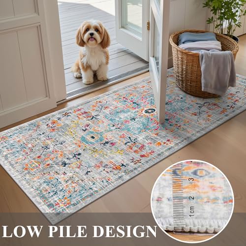 Pauwer Hallway Runner Rug 2x4 Washable Runner Non Slip Floor Carpet Boho Farmhouse Vintage Throw Area Rugs for Hallway Kitchen Entryway Laundry Room Bedroom Bathroom, Grey Multi - color: Grey Multi, size: 2' x 4' (Runner)