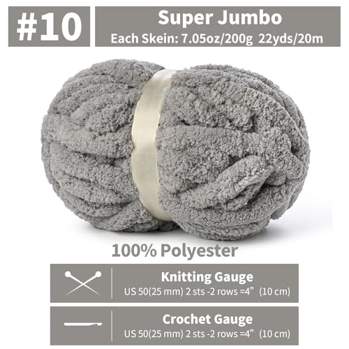 10 Pack Jumbo Chenille Yarn for Crocheting, #10 Super Bulky Baby Soft Yarn for Hand Knitting, 220 yds /70.5 oz Fluffy Chunky Knit Throw Blanket Yarn (Light Grey) - color: Light Grey