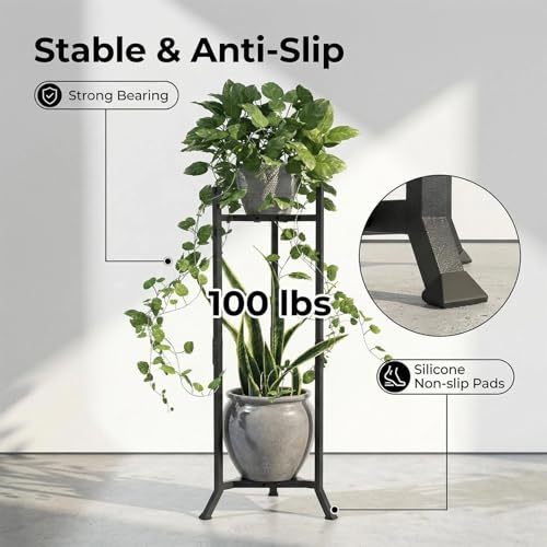 2 Tier Plant Stand Indoor Outdoor, Tall Metal Adjustable Plant Holder for Patio Living Room Balcony Garden, No Wobble Design (No Pots)