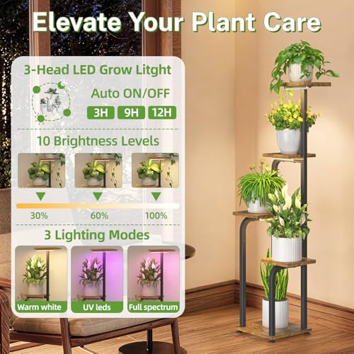 iDavosic.ly Tall Plant Stand Indoor with Grow Light, 4 Tier Corner Multiple Flower Holder Shelf with Wooden Trays, Space Saving Display Rack for Living Room Balcony Patio Porch | Black & Brown - color: Brown with Light
