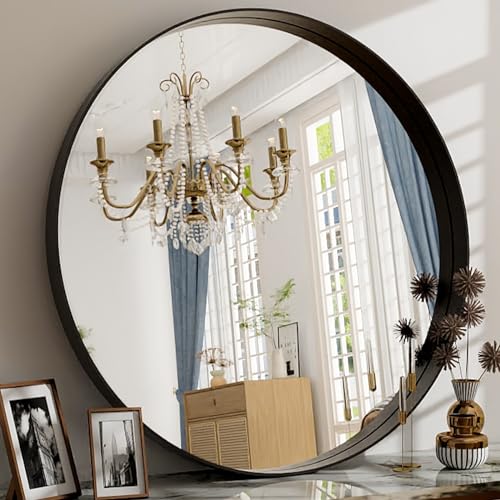32 Inch Round Bathroom Mirror - Wall Mounted Circle Mirror with Metal Frame, Modern Home Suitable for Bathroom, Vanity, Entryway, Living Room, Wall Decor,Black - color: Black, size: 32"L x 32"W