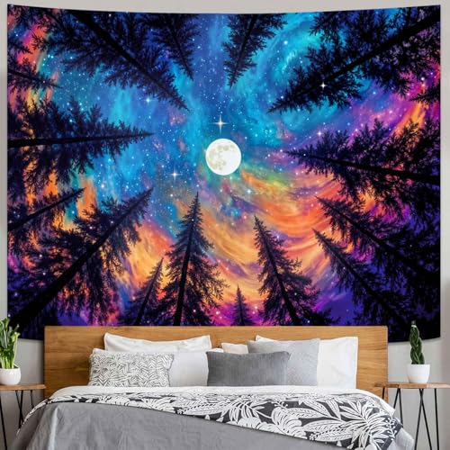 Wegklazax Celestial Forest Sky Tapestry, Artistic Fantasy Wall Art for Room Decor, Vibrant Night Home Decor 60" L x 44" W - color: Blue Purple, size: 60"L x 44"W