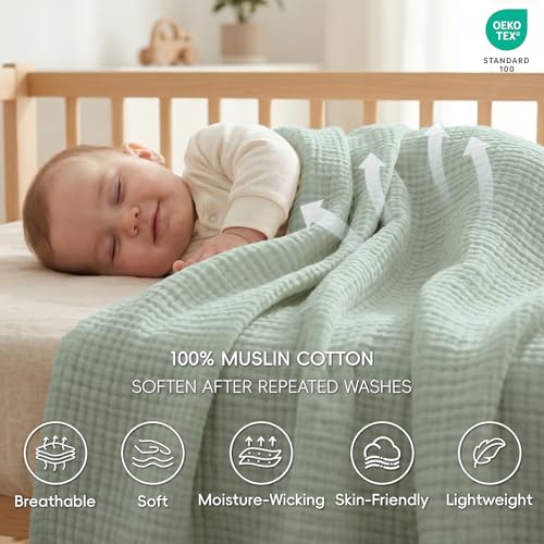David's Home 100% Natural Cotton Muslin Blanket King Size, 4-Layer Soft Breathable Lightweight Cozy Throw Guaze for Hot Sleepers, 3D Bubble Room Decor for Bed Couch, Giftable, Sage Creen, 108"x90" - color: Sage Green, size: King(108x90")