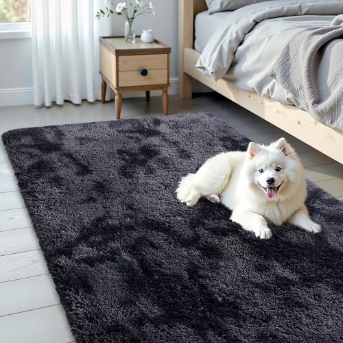 OLANLY Area Rugs for Living Room Bedroom, Machine Washable 3x5 Feet Soft Fluffy Shaggy Bedside Rug, Indoor Floor Carpet for Kids Girls and Boys, Nursery Room, Home Decor Aesthetic, Deep Grey Tie-dye - color: Deep Grey Tie-dye, size: 3x5 Feet