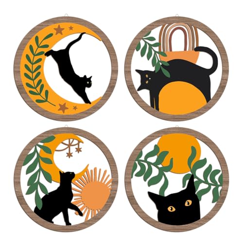XFN 4PCs 3D Boho Cat Hanging Wooden Wall Art Wall Decor, Botanical Wall Decor Bohemian Decor, Cat Lover Gifts, Wooden Sign Wood Art Wood Plaque Home Decor for Living Room Bedroom Farmhouse Kitchen - color: Multi 0108