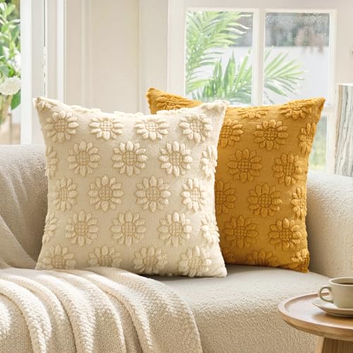 EMEMA Beige Floral Tufted Throw Pillow Covers, Set of 2 Soft Textured Decorative 18x18 Cushion Cases Bringing a Light, Cozy Layer to Sofa, Couch, Bedroom or Modern Farmhouse Living Room Décor - color: Beige-little Flower, size: 18" x 18" (Pack of 2)