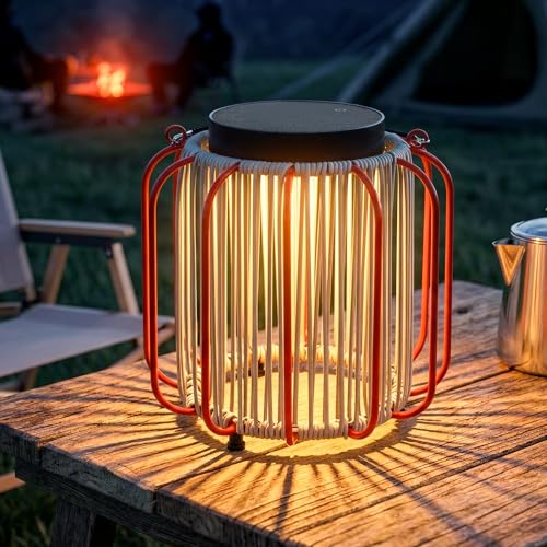 Solar Lanterns Outdoor Waterproof, Wicker Rattan Table Lamp with Iron Protective Frame, Rechargeable Hanging Lantern 30H+ Runtime, Dual USB-C/Solar, 3 Modes, IP54 – Patio Boho Decor Light