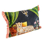 Creative Co-Op Cotton Blend Velvet Printed Lumbar Pillow with Cheetah Image and Eyelash Fringe, Multi Color - color: Navy, size: Lumbar