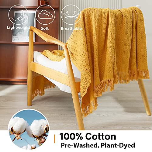 Simple&Opulence 100% Cotton Throw Blanket for Couch, Bed, Waffle Weave Knit Blanket with Tassels, Soft Lightweight Pre-Washed Breathable Cozy Blanket Farmhouse Decoration for All-Season (Gold Yellow) - color: Yellow