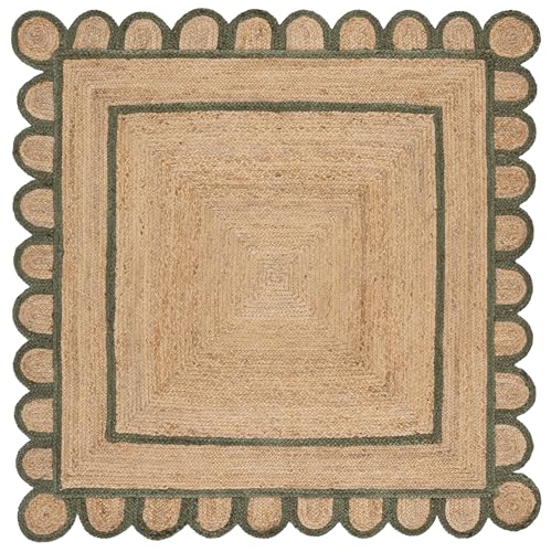 SAFAVIEH Natural Fiber Collection Area Rug - 6' Square, Natural & Olive, Handmade Jute, Ideal for Living Room, Bedroom, Dining Space (NFB125X) - color: Natural/Olive, size: 6' x 6' (Square)