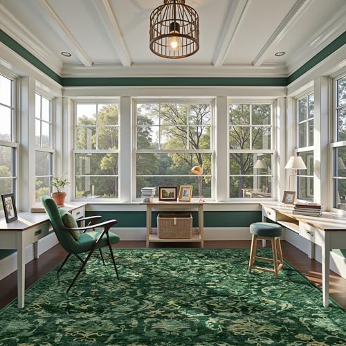 Deerly Dark Green Area Rugs 9x12 for Living Room Soft Non-Slip, Large Bedroom Rug Vintage Dining Room Rug Tribal Farmhouse Carpet for Dining Room Office Green - color: Dark Green, size: 9'x12'