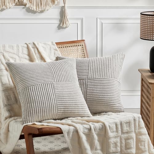 Fancy Homi 2 Packs Neutral Grey Samll Decorative Throw Pillow Covers 12x12 Inch with for Couch Bed Sofa, Rustic Farmhouse Boho Home Decor, Soft Corss Patchwork Corduroy Square Cushion Case 30x30 cm - color: Neutral Grey, size: 12" x 12" (Pack of 2)