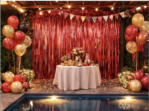 Red Foil Fringe Curtain Backdrop 2 Pack, Metallic Tinsel Curtain Party Decorations, Shimmer Photo Booth Backdrop for Birthday, Graduation, Wedding, Valentine’s Day, Doorway Decor 3.2 x 6.4 ft - color: Red