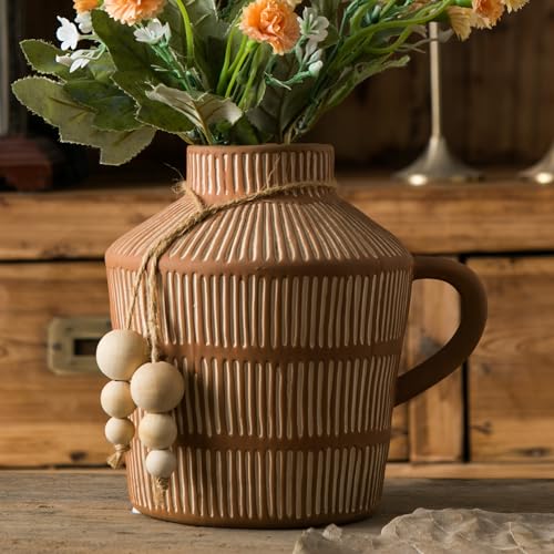 Mowtanco Rustic Farmhouse Vase with Handle and Boho Wooden Beads - Terracotta Vase with Vertical Stripes for Vintage Home Decor - color: Yellow - Wooden Beads