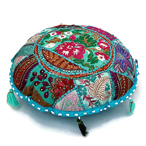 Round Traditional Floor Pillow Adult Bohemian Turquoise Blue 18 Inch Patchwork Living Room Pouf Ottoman Home Decor Embroidered Vintage Cotton Indian Floor Cushion for Kids 45 cm