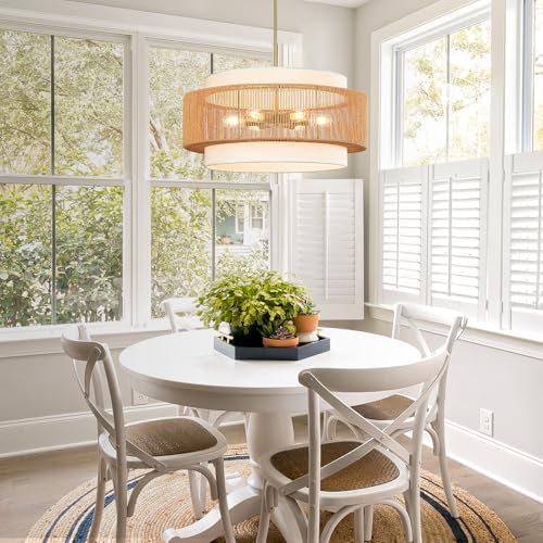 25.6" Rattan Chandelier, 6-Light Large Rattan Pendant Light with Fabric Lampshade, Farmhouse Boho Light Fixture Ceiling Hanging for Dining Room, Living Room, Bedroom, Kitchen Island, Hallway, Foyer - size: 25.6" Straight weaving