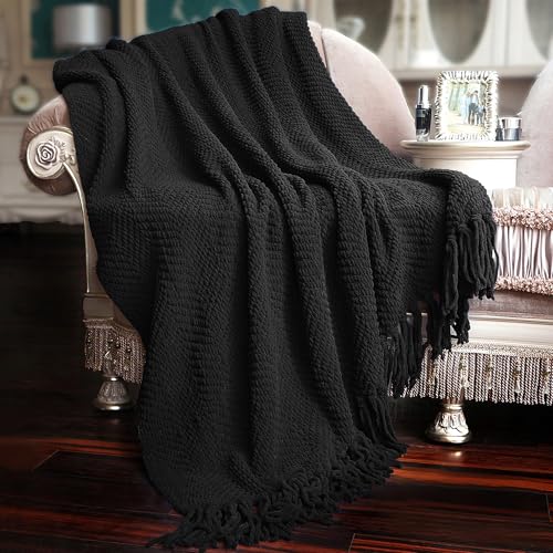 Home Soft Things Black Throw Blanket Knitted Tweed Throw 50'' x 60'', Raven, Super Soft Cozy Warm Comfortable Breathable Throw for Living Room Chair Couch Bed Sofa Bedroom Home Décor - color: Raven, size: 50 in x 60 in