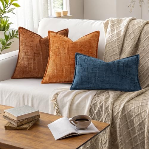 decorUhome Chenille Fall Throw Pillow Covers 18x18 Set of 2, Soft Textured Slubby Modern Decorative Pillow Covers with Elegant Design for Couch, Sofa, Living Room, Burnt Orange - color: Burnt Orange, size: 18" x 18" (Pack of 2)
