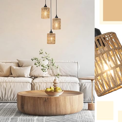 LAMSU 3 Lights Rattan Pendant Light, Farmhouse Dining Room Light Fixtures Ceiling Hanging, Boho Pendant Lighting with Hand Woven Wicker Shades for Kitchen Island Living Room Bedroom Foyer Hallway - size: 3 Lights