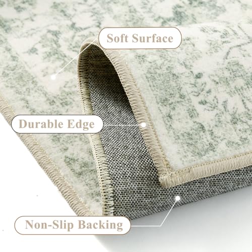 PureCozy 2x3 Green Entryway Area Rug Machine Washable Door Mat Kitchen Vintage Distressed Non Slip Carpet Indoor Retro Floral Accent Throw Small Rug for Bathroom Office Bedroom Living Dining Room - color: Green, size: 2' x 3' (Rectangular)