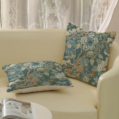 Chinoiserie Throw Pillow Covers 18x18 Inch 2 Pcs Green Blue Teal Floral Decor Pillow Covers Vintage Flower Spring Summer Outdoor Seasonal Decorative Pillowcase Linen Cushion Cover for Couch - color: Chinoiserie Green Blue Teal Floral, size: 18" x 18" (Pac
