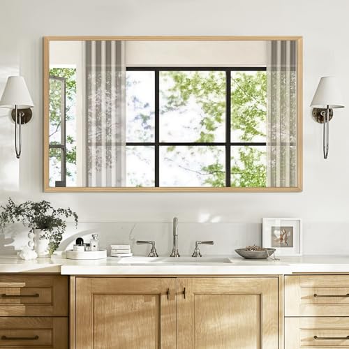 40"x24" Solid Wood Bathroom Mirror, Rustic Wood Frame Wall Mirror for House Decor, Rectangle Farmhouse Bathroom Vanity Mirror Bedroom Living Room Entryway, Explosion-Proof Horizontal/Vertical - color: Solid, size: 40"L x 24"W