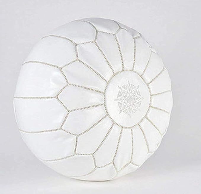 ARTOUARZAZATE Premium Moroccan Leather Pouf Cover - Round & Large Ottoman Footstool Cover with Embroidery - Cover ONLY - Perfect for The Living Room Bedroom, Kids Room, Gift & Wedding (White)