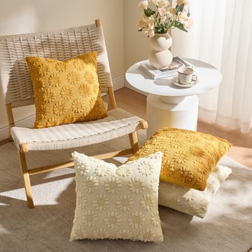 EMEMA Beige Floral Tufted Throw Pillow Covers, Set of 2 Soft Textured Decorative 18x18 Cushion Cases Bringing a Light, Cozy Layer to Sofa, Couch, Bedroom or Modern Farmhouse Living Room Décor - color: Beige-little Flower, size: 18" x 18" (Pack of 2)