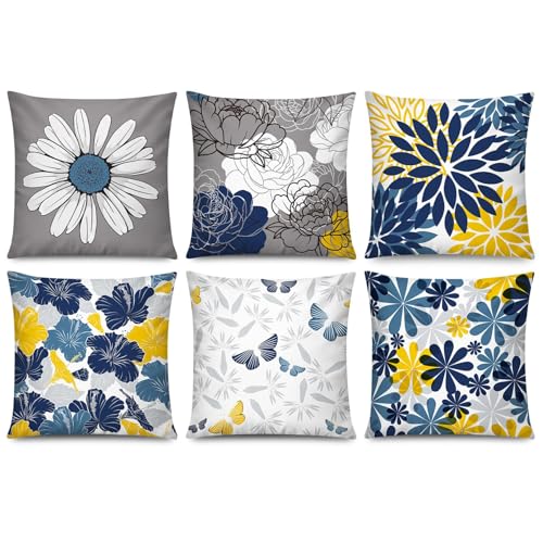 COMMINY Navy Blue Yellow Pillow Cover 20x20 Set of 6, Dasiy Dahlia Throw Pillow Covers, Blue Grey Pillow Case, Spring Summer Pillow Cushion Cover for Couch Sofa Home Decor - color: Navy Blue Orange, size: 20" x 20" (Pack of 6)