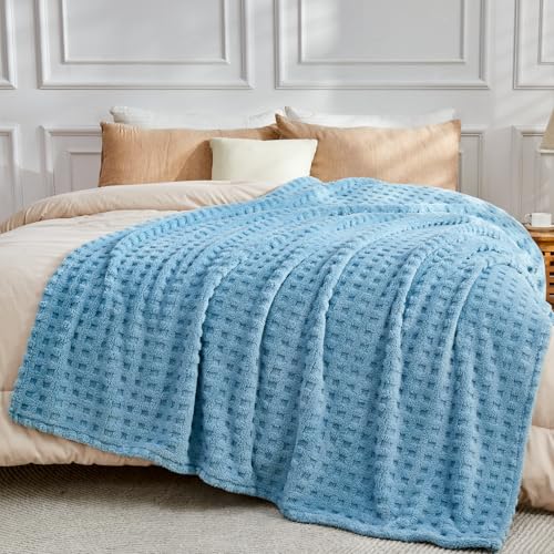 NEWCOSPLAY Super Soft Throw Blanket Blue Premium Silky Flannel Fleece 3D Waffle Checkered Lightweight Bed Blanket All Season Use (Blue, Throw(50"x70")) - color: Blue, size: Throw(50"x70")