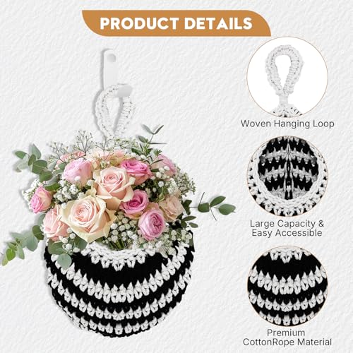 Boho Wall Hanging Fruit Basket for Kitchen - Handcrafted Rope Hanging Produce Organizer, Tassel Decor, Perfect for Fruits, Veggies, Snacks, Bohemian & Farmhouse Home Decor. - color: Black and White-01