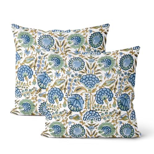 Boho Throw Pillow Covers 16x16 Inch 2 Pcs Navy Blue Sage Green Yellow Vintage Floral Decor Pillow Covers Flower Outdoor Seasonal Decorative Pillowcase Linen Cushion Cover for Couch Sofa - color: Blue Green Yellow Flower, size: 16" x 16" (Pack of 2)