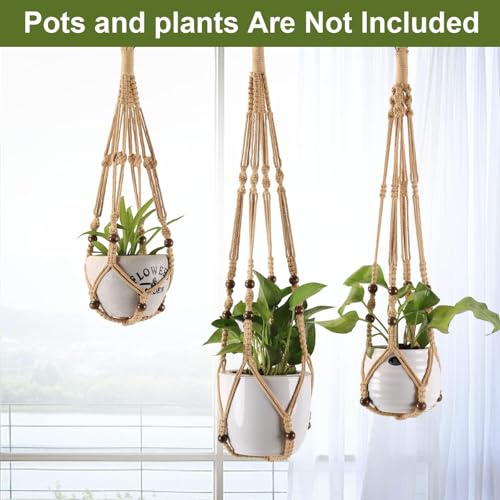 3-Pack Macrame Plant Hanger Indoor - Hanging Planter Basket for Indoor Outdoor - Decorative Boho Plant Holders Set with Beads - Ceiling Flower Pot Holder with 6 Hooks - 35"/30"/24" Linen - color: Linen
