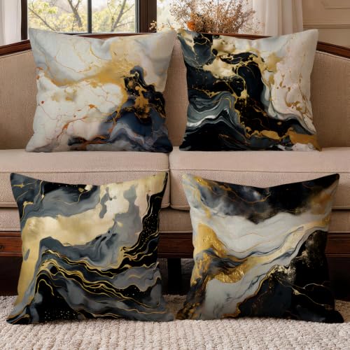 OBSEDE Black Gold Marble Throw Pillow Covers 18x18 Set of 4, Farmhouse Decor for Home Couch Sofa Living Room, Rustic Floral Decorative Cushion Cases - color: Black Gold Marble