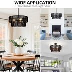 Black Boho Rattan Chandelier 18'' Hand Woven Chandelier Light Fixture 3-Light Farmhouse Drum Pendant Light for Dining Room Bedroom Kitchen Hallway Foyer - color: 18" Black Rattan