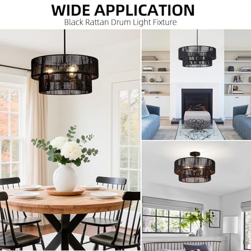 Black Boho Rattan Chandelier 18'' Hand Woven Chandelier Light Fixture 3-Light Farmhouse Drum Pendant Light for Dining Room Bedroom Kitchen Hallway Foyer - color: 18" Black Rattan