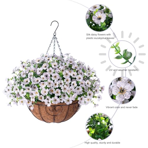 HyeFlora Artificial Fake Hanging White Plants Flowers Basket for Outdoor Fall Winter, Faux Silk Daisy in Planter Realistic UV Resistant for Christmas Outside Porch Home Patio Balcony Yard Decoration - color: Creamy White