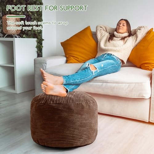HIGOGOGO Round Stuffed Pouf Ottoman, Corduroy Poufs with Foam Chunk Filling, Furry and Fluffy Pouf Foot Stool Storage Ottoman, 20 X 15 Floor Poufs Foot Rest for Living Room, Brown - color: Brown, size: 20"D x 20"W x 15"H